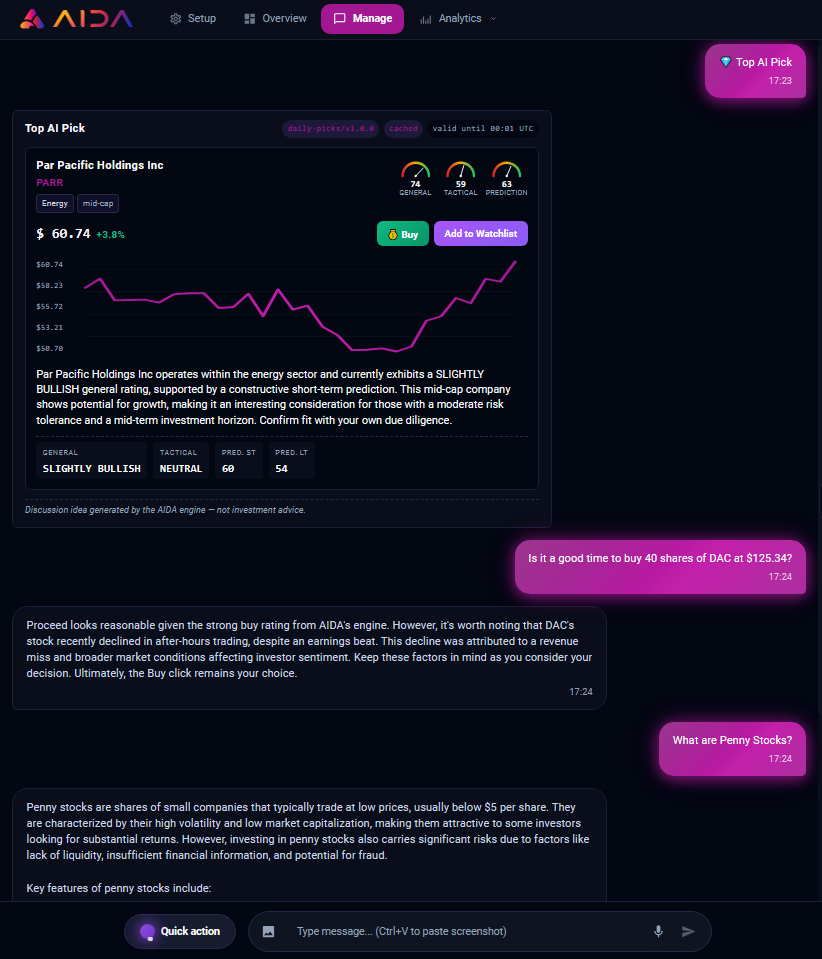 AIDA AI Investment Chat conversation